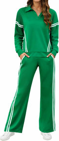 Lounge Sets for Women V-Neck Tracksuit 2-Stripes Wide Leg Pants 2 Piece Outfit Women Sweatsuits with Pockets XS-XXL
