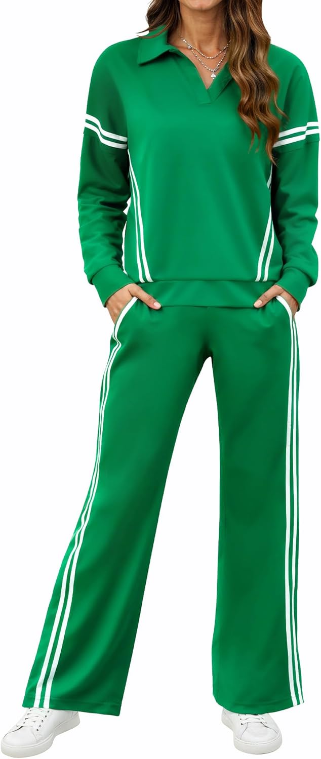 Lounge Sets for Women V-Neck Tracksuit 2-Stripes Wide Leg Pants 2 Piece Outfit Women Sweatsuits with Pockets XS-XXL