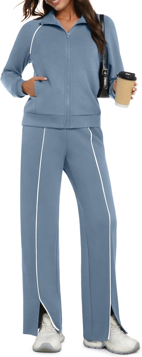 Womens 2 Piece Outfits 2026 Casual Zip Up Sweatsuits Lounge Set Airport Travel Wide Leg Pants Striped Tracksuit