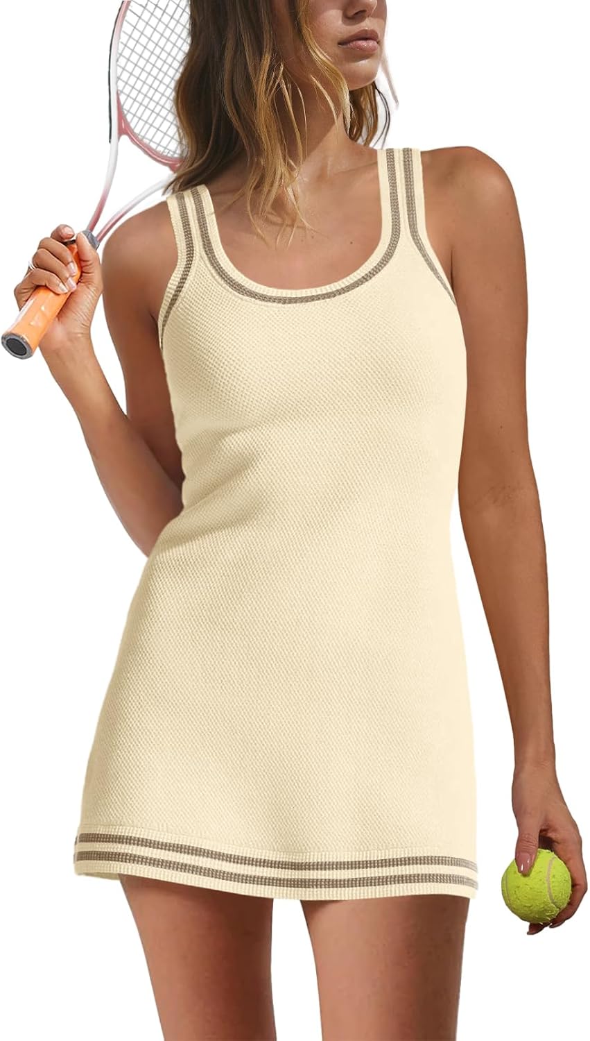 Womens Tennis Dress with Shorts Sleeveless Athletic Romper Dress Knit Active Dresses Workout Outfits