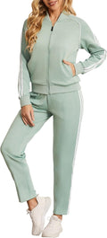 Women's Tracksuit 2 Piece Outfits Zip Striped Sportswear Long Sleeve Jogger Suits for Women with Pockets