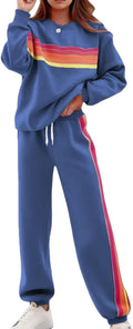 Women 2 Piece Lounge Set Rainbow Striped Sweatshirt High Waist Sweatpants Color Blocked Suit Matching Sweatsuit