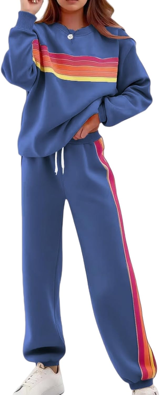 Women 2 Piece Lounge Set Rainbow Striped Sweatshirt High Waist Sweatpants Color Blocked Suit Matching Sweatsuit