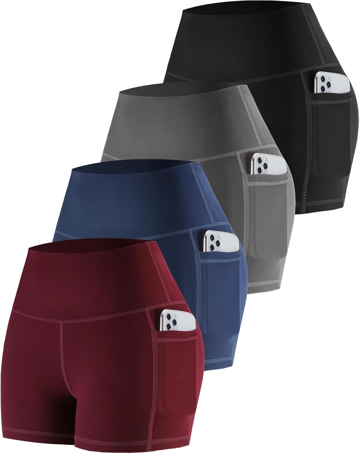 Womens Biker Shorts with Pockets: High Waisted Tummy Control Spandex Workout Yoga Athletic Gym Shorts 4 Packs