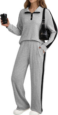 Womens 2 Piece Lounge Sets 2026 Fall Outfits Henley Neck Ribbed Striped Sweatsuits Matching Set